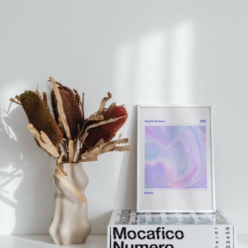 Positive affirmation poster featuring the Liquid Dreams print in pale lilac and blue tones.