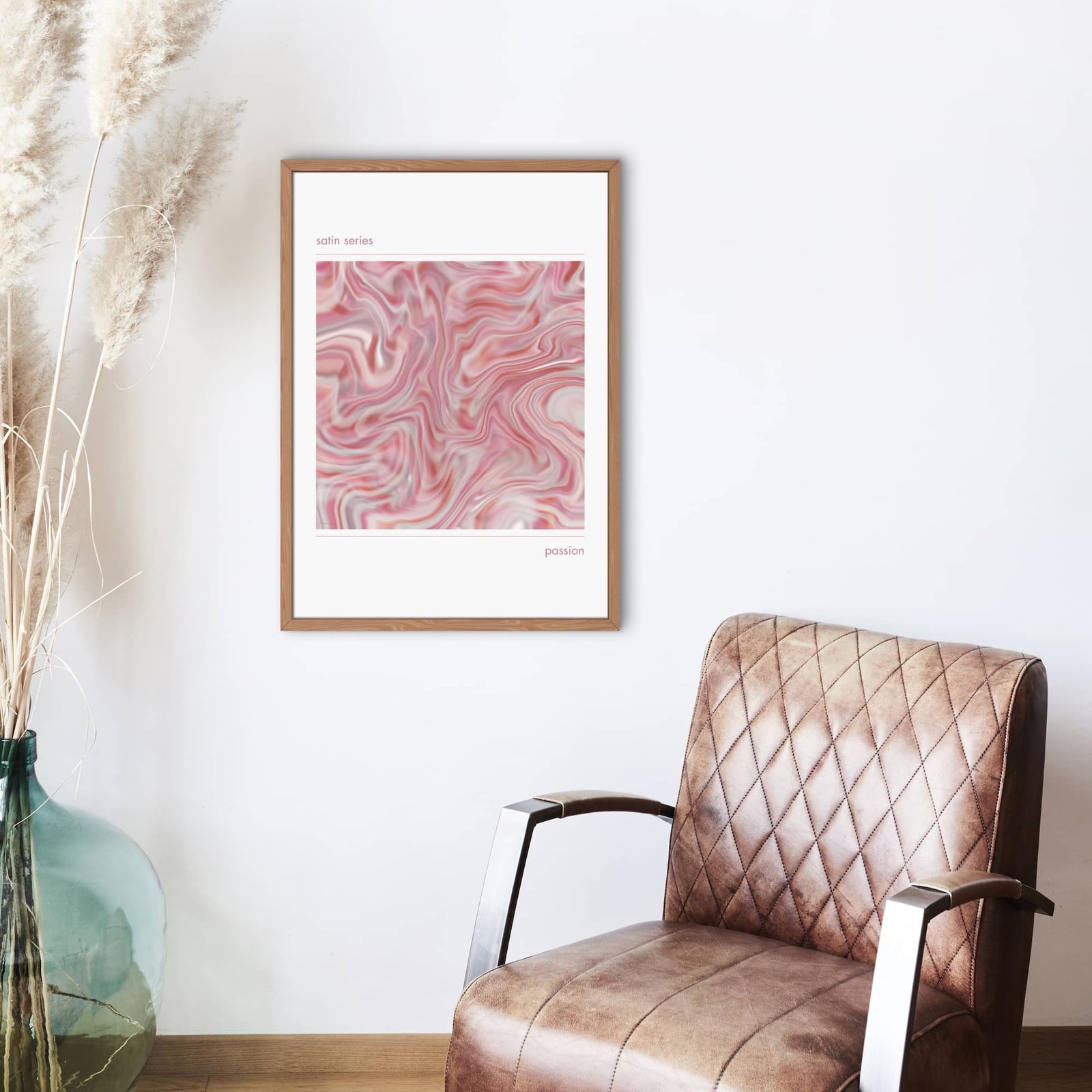minimal wall art print featuring a silky satin texture hung in a living room